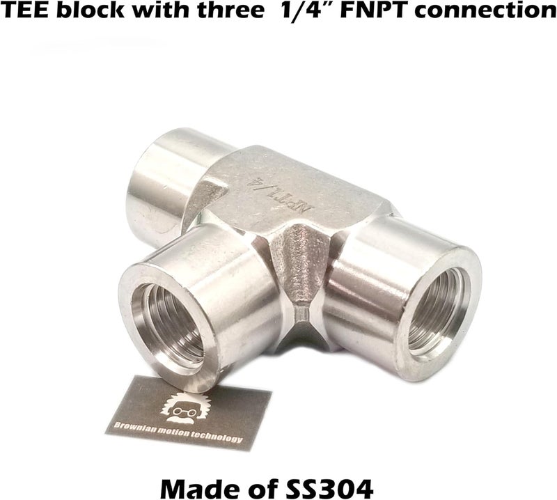 BROWNIAN MOTION TECHNOLOGY Equal Tee block SS304 with 3 Female NPT FNPT 1/4" 0.25" connections, threaded holes, stainless steel 304 forged pipe fittings,1/4" x 1/4" x 1/4" FNPT (Pack of 1pc) - Image 2